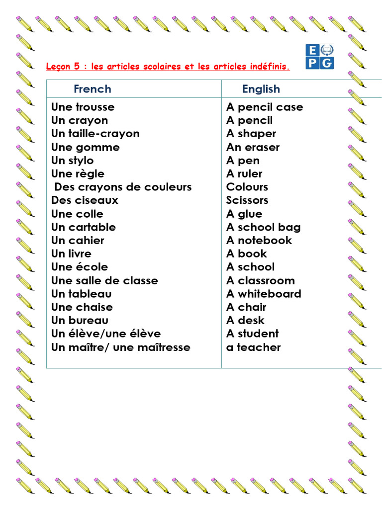 Matériel scolaire en anglais – : apprendre l