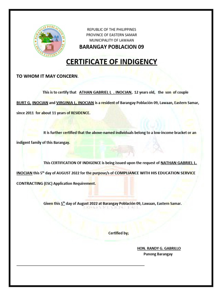 Barangay Certificate Of Indigency