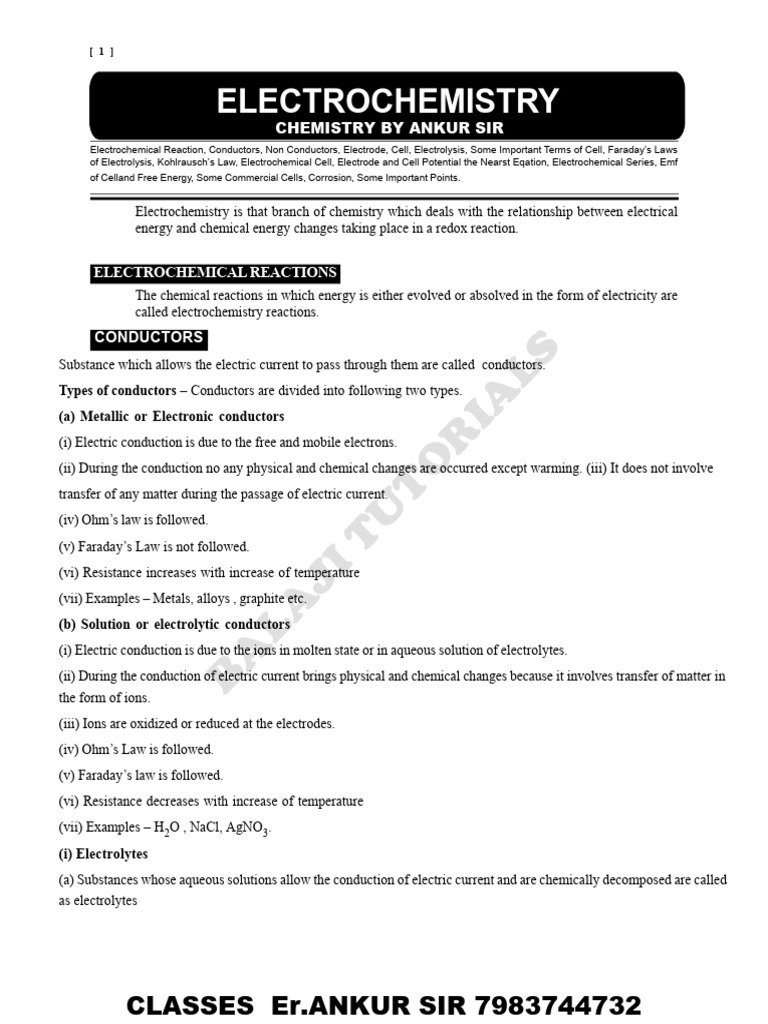Electrochemistry Notes PDF Electrochemistry Electrolyte