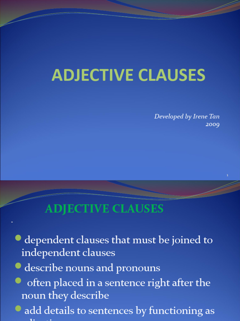 Adjective Clauses PDF Pronoun Syntactic Relationships
