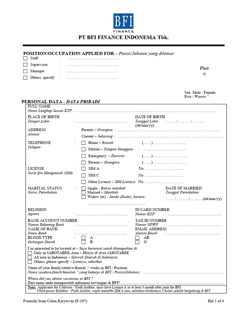 Formulir Pendaftaran Karyawan BFI | PDF