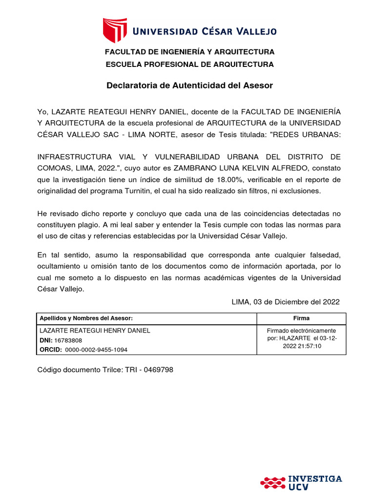 Declaraatoria de Autenticidad Del Asesor y Declaratoria de Originalidad