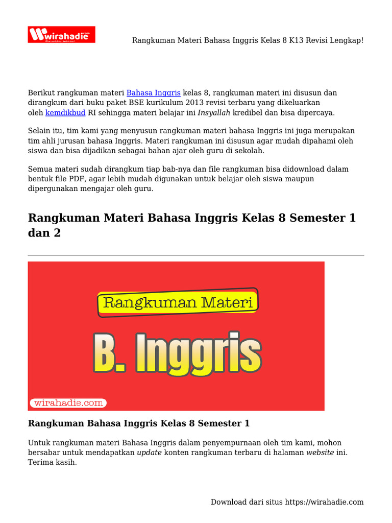 Rangkuman Materi Bahasa Inggris Kelas 8 K13 Revisi Lengkap Pdf