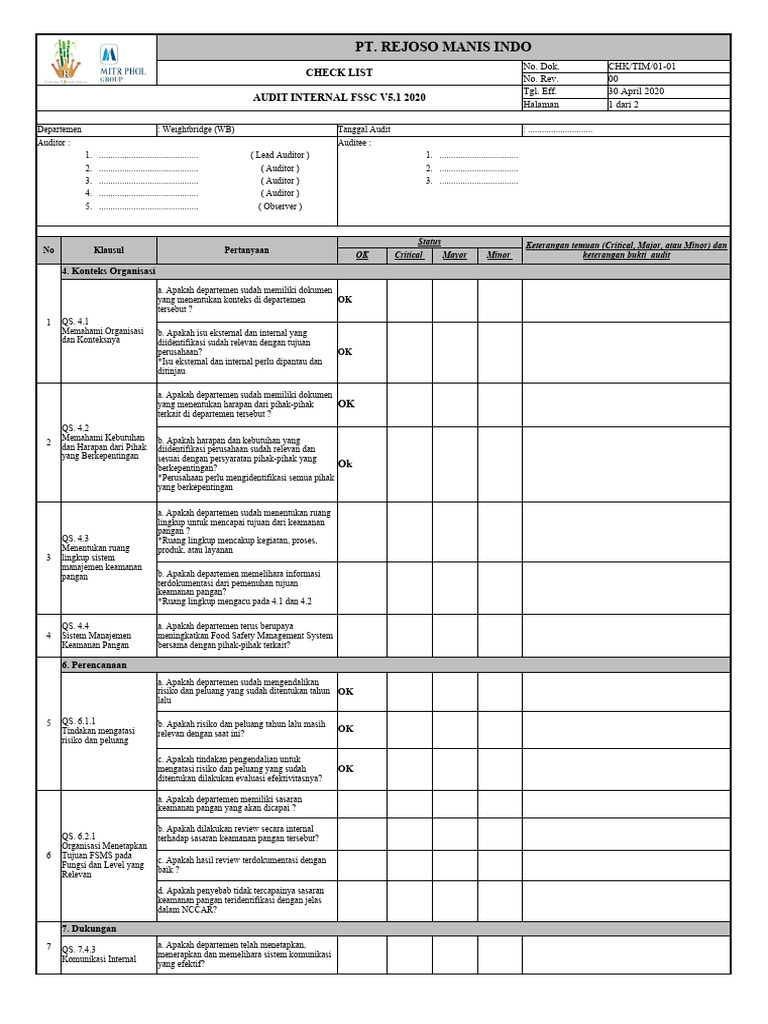 Checklist Internal Audit Wb Pdf