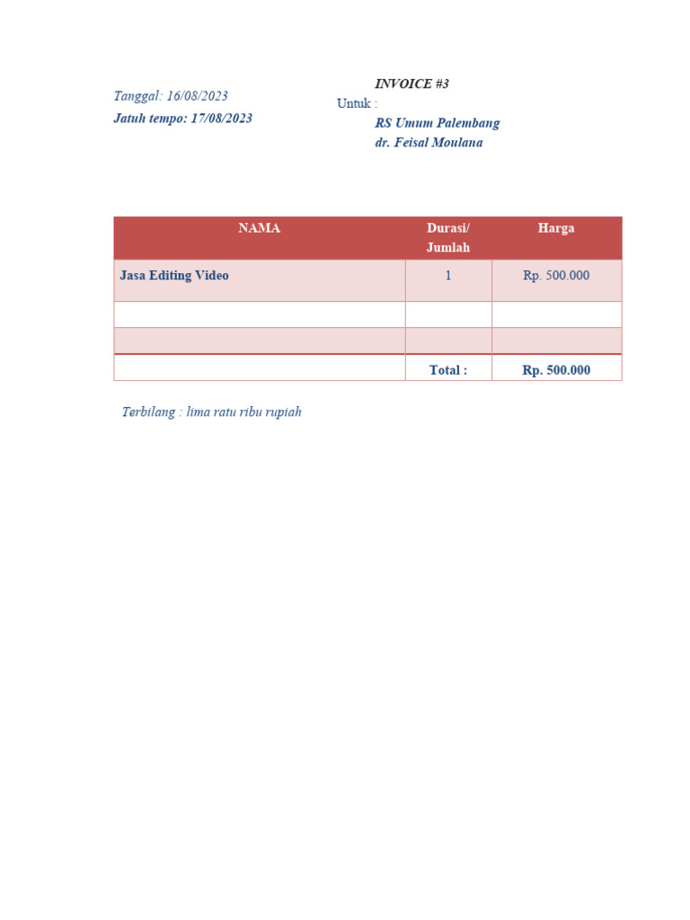 Contoh Invoice Jasa Video RS Umum | PDF