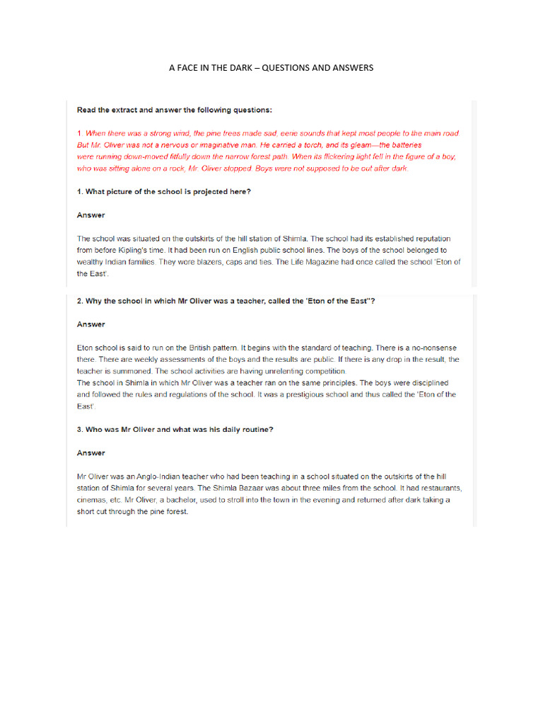 A Face in The Dark Questions & Answers PDF