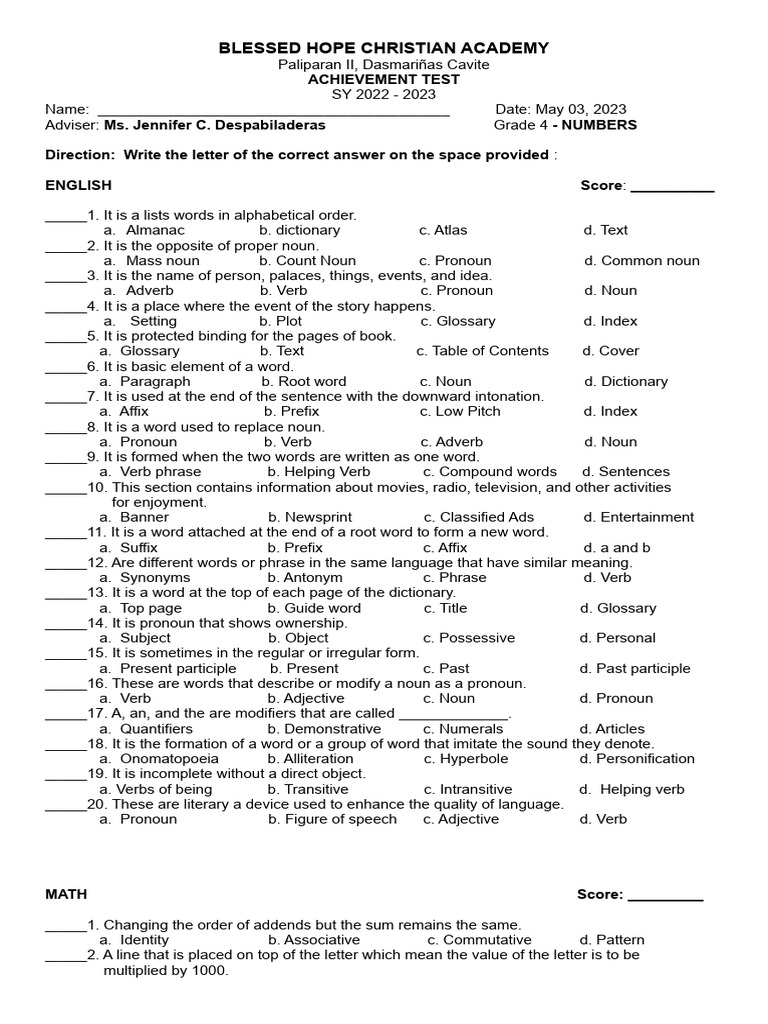 Achivement Test Grade 4 2022 2023 T Jen Pdf Computer Hardware Word