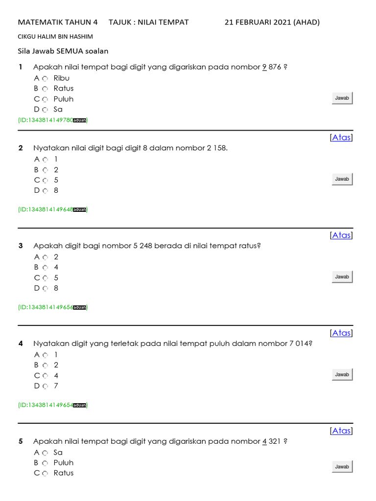 Nilai Tempat Nilai Digit Cerakin | PDF