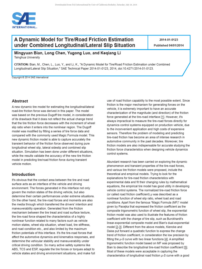 A Dynamic Model For Tire-Road Friction Estimation Under Combined ...