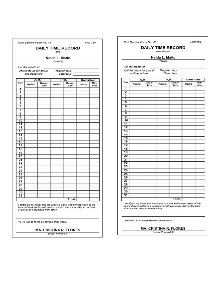 Editable Downloadable Printable Dtr Form Pdf