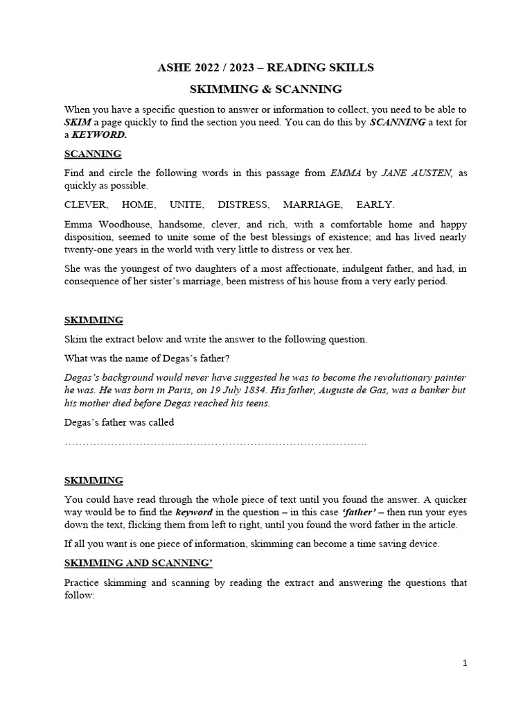 Skimming Scanning and Note Taking Activities | PDF | Speed Reading ...