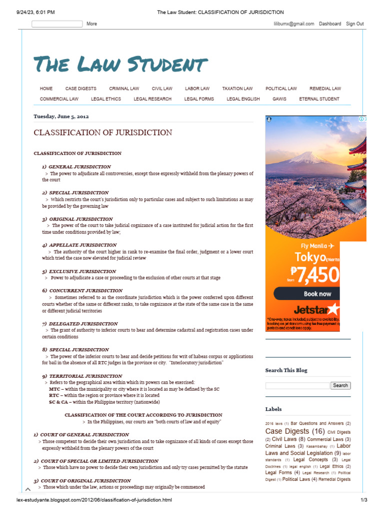 The Law Student - CLASSIFICATION OF JURISDICTION | PDF | Jurisdiction ...