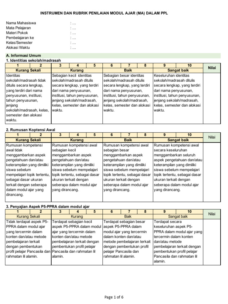 Rubrik Penilaian Modul Ajar PBL | PDF