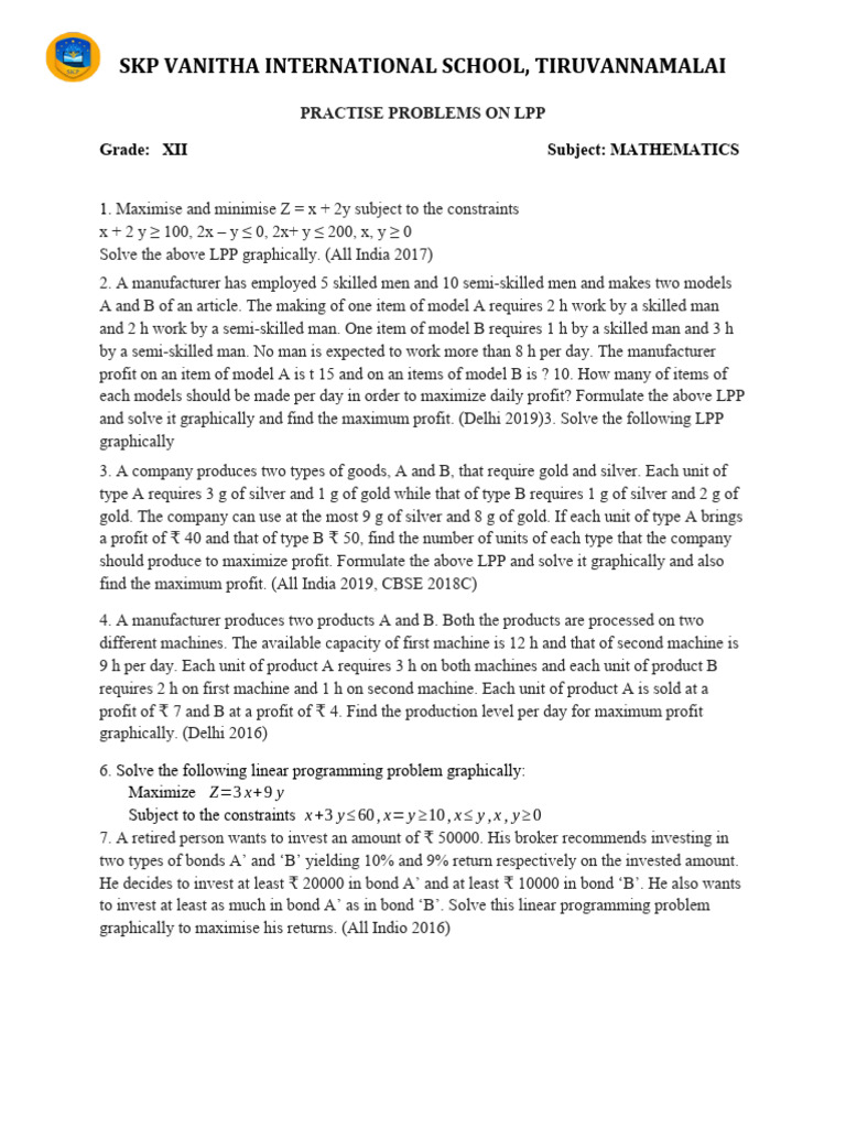 Practise Problems On LPP | PDF | Linear Programming | Applied Mathematics