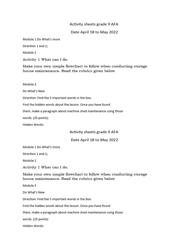 Grade 9 AFA Activity Sheets Guide | PDF