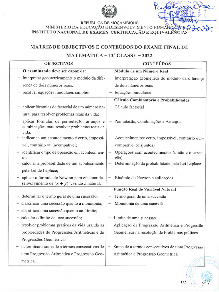 Matrizes de Exames de Matematica 12 Classe 2022 | PDF