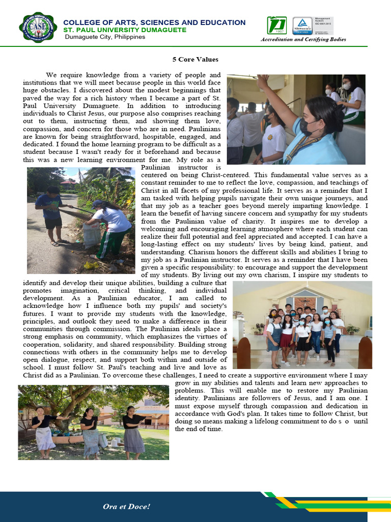 5 Core Values Reflection PDF Learning Teachers