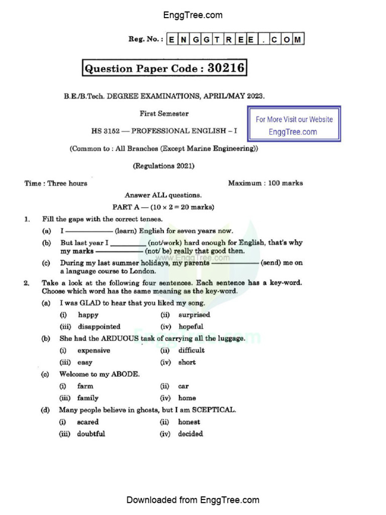HS3152 Professional English I Apr May 2023 Question Paper Download | PDF