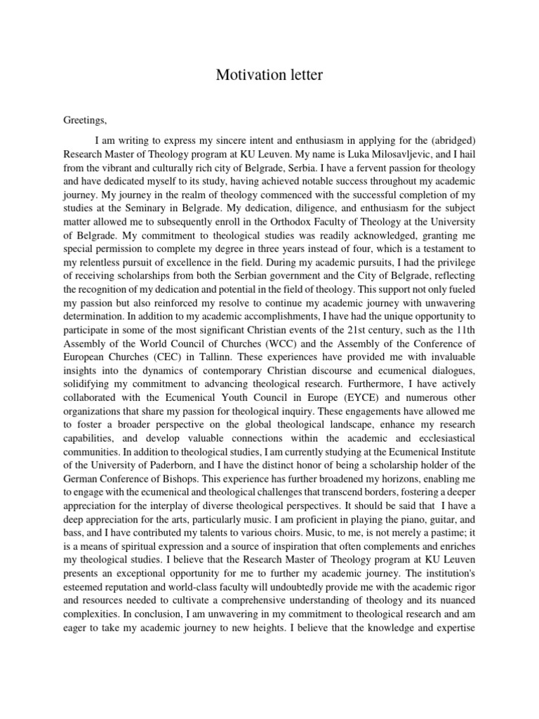Motivation Letter for KU Leuven Theology | PDF | Theology | Ecumenism