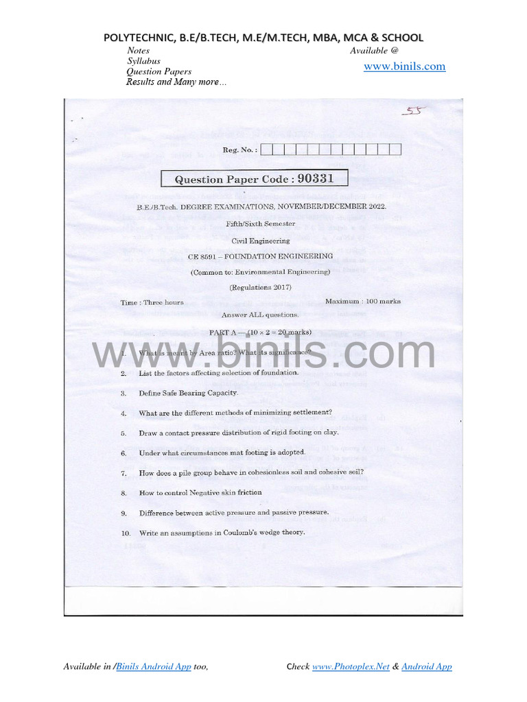 CE 8591 Foundation Engineering Previous Question Paper PDF