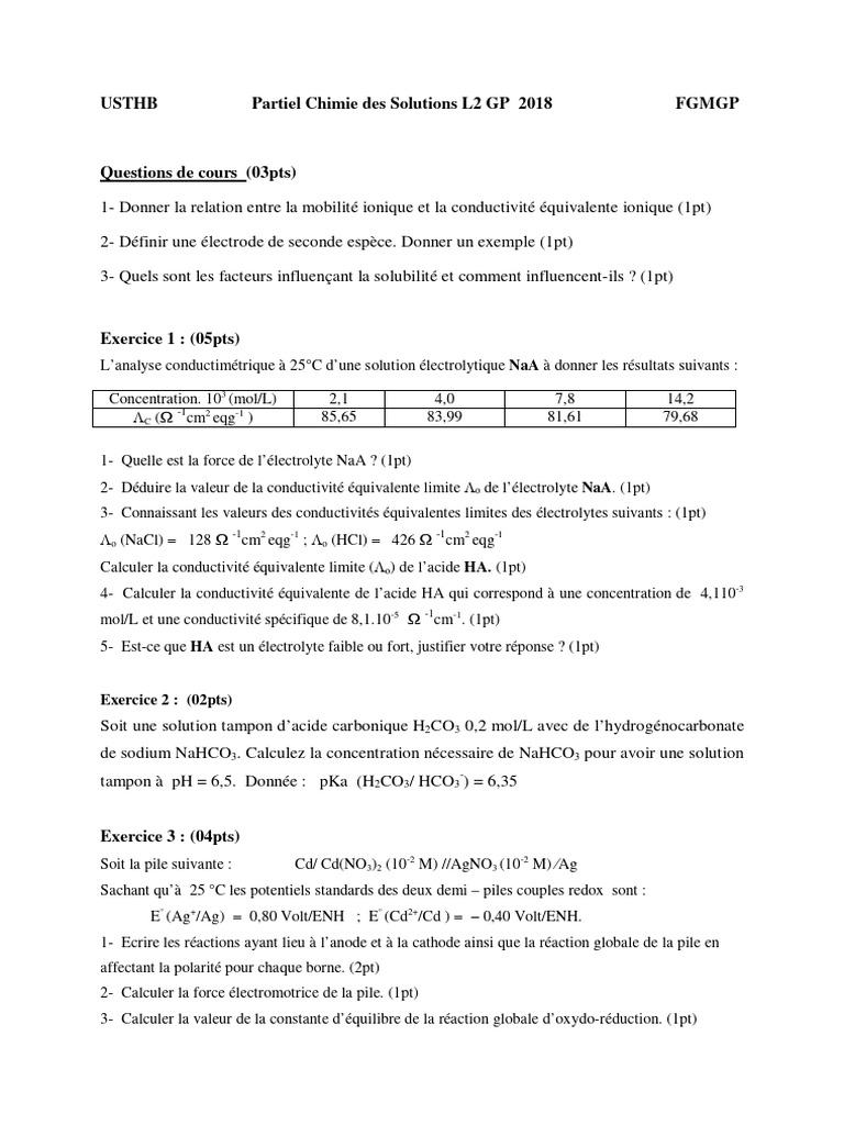 Partiel Chimie des Solutions L2 2018 | PDF | Dissociation (chimie) | Ph