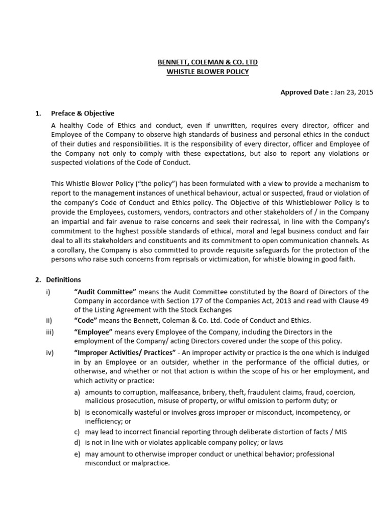 Whistle Blower Policy PDF Whistleblower Business