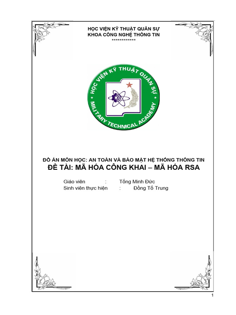 Đề tài - Mã hóa công khai - Mã hóa RSA - 732763 | PDF