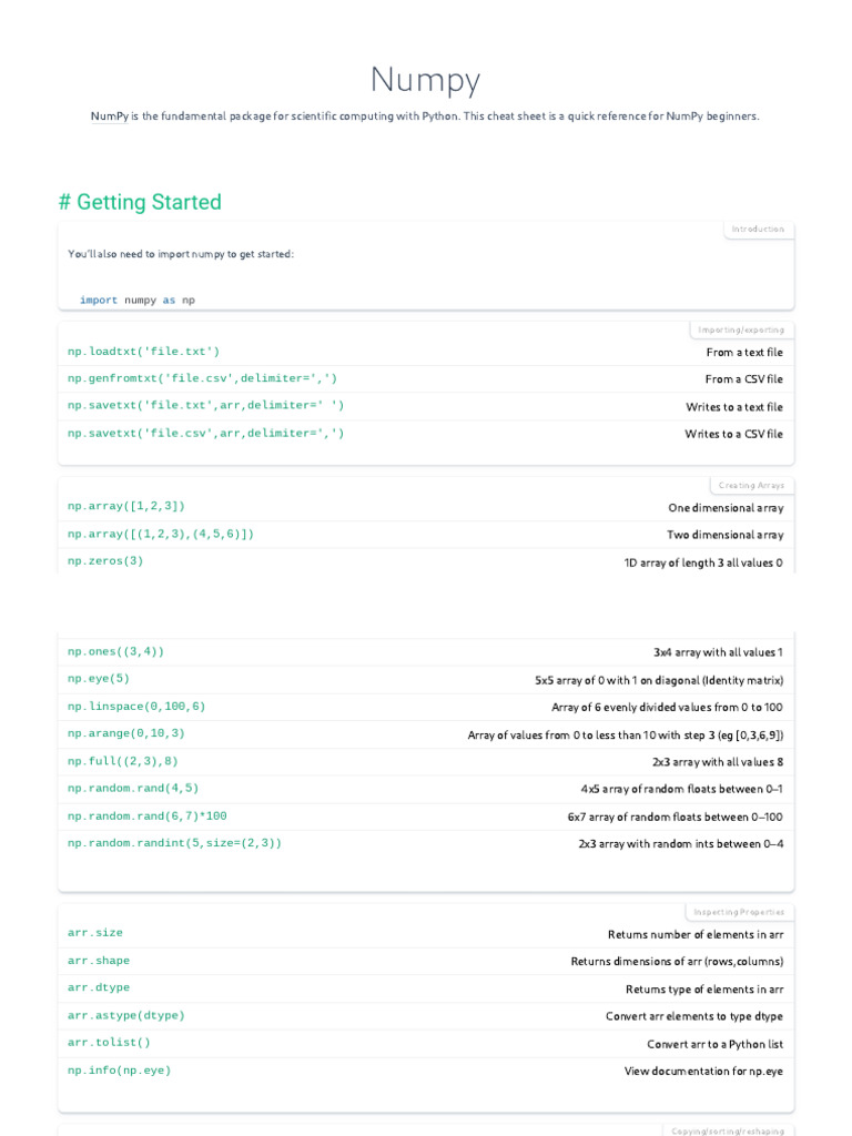 Numpy Cheat Sheet & Quick Reference | PDF | Matrix (Mathematics ...