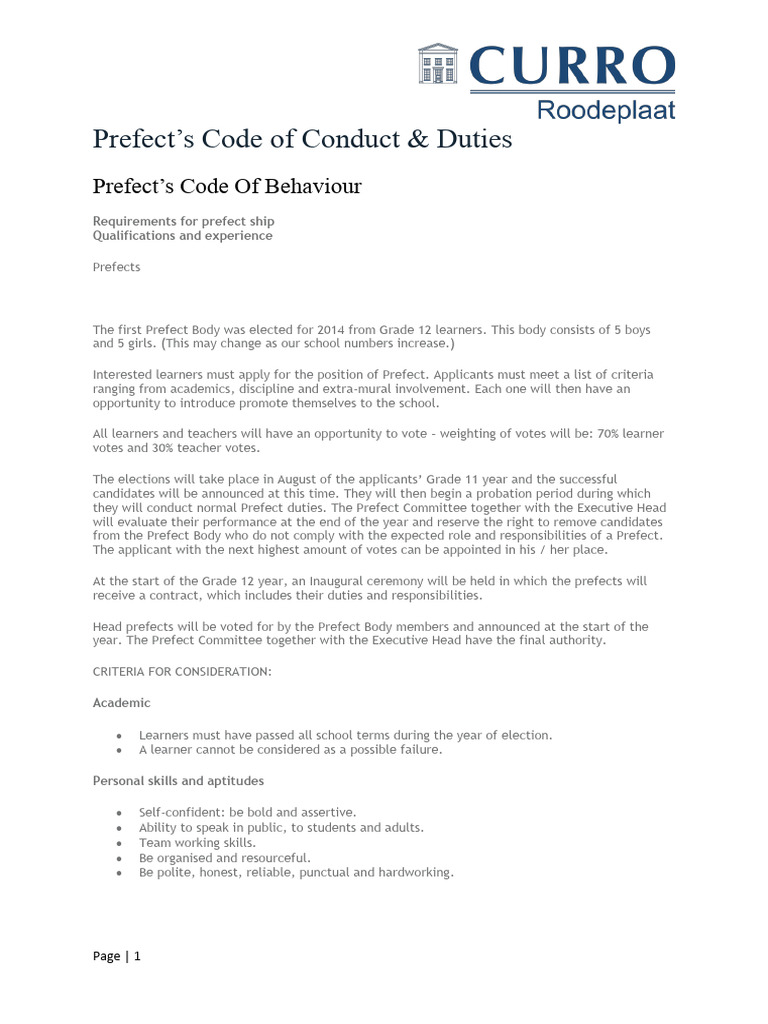 Duties and Responsibilities of Prefects | PDF | Teachers | Sports