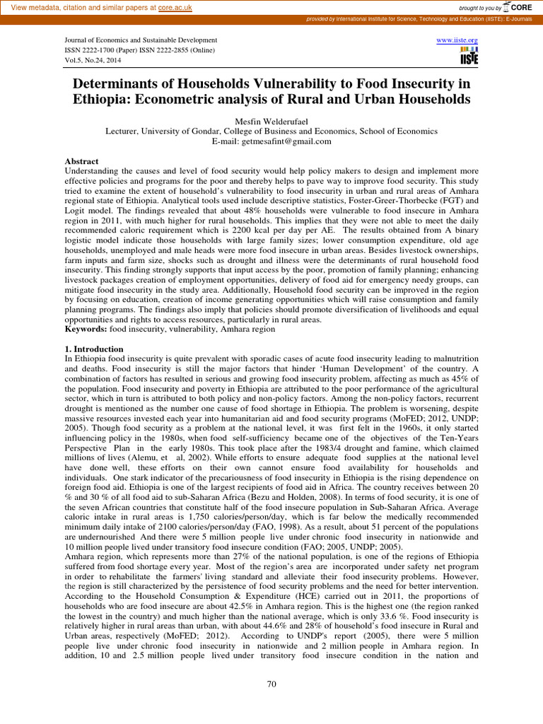 Determinants of Households Vulnerability To Food Insecurity in | PDF ...