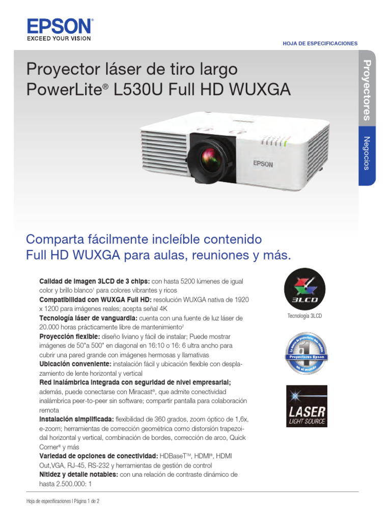 Ficha Técnica PowerLite L530U PDF Pantalla de cristal líquido Hdmi