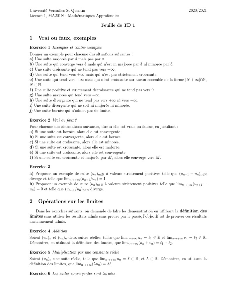 Mathématiques Approfondies - TD 1 | PDF | Limite (mathématiques) | Séquence