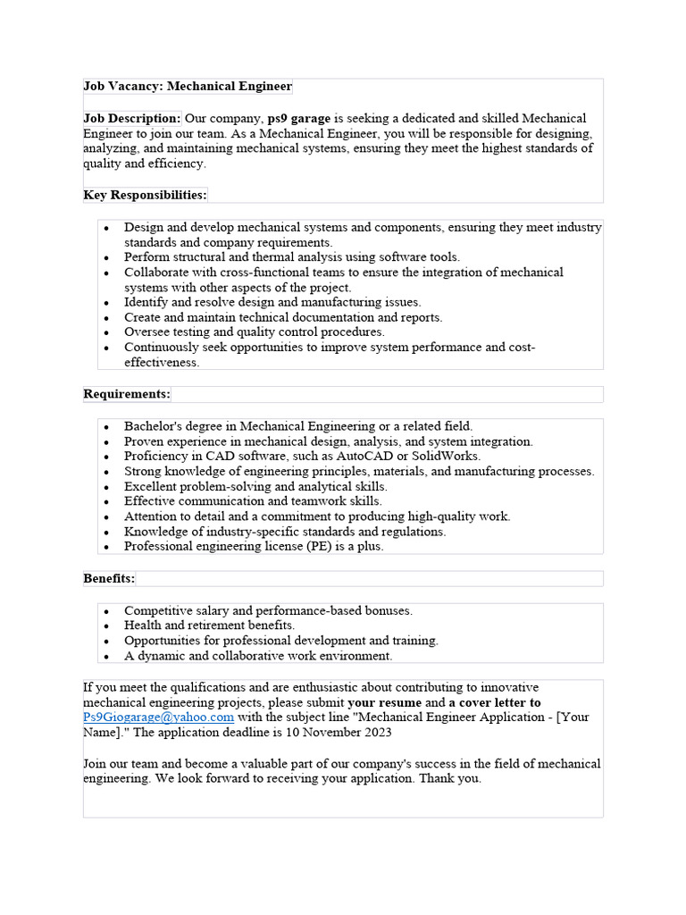 Mechanical Engineer Job Vacancy at Ps9 Garage | PDF | Mechanical ...