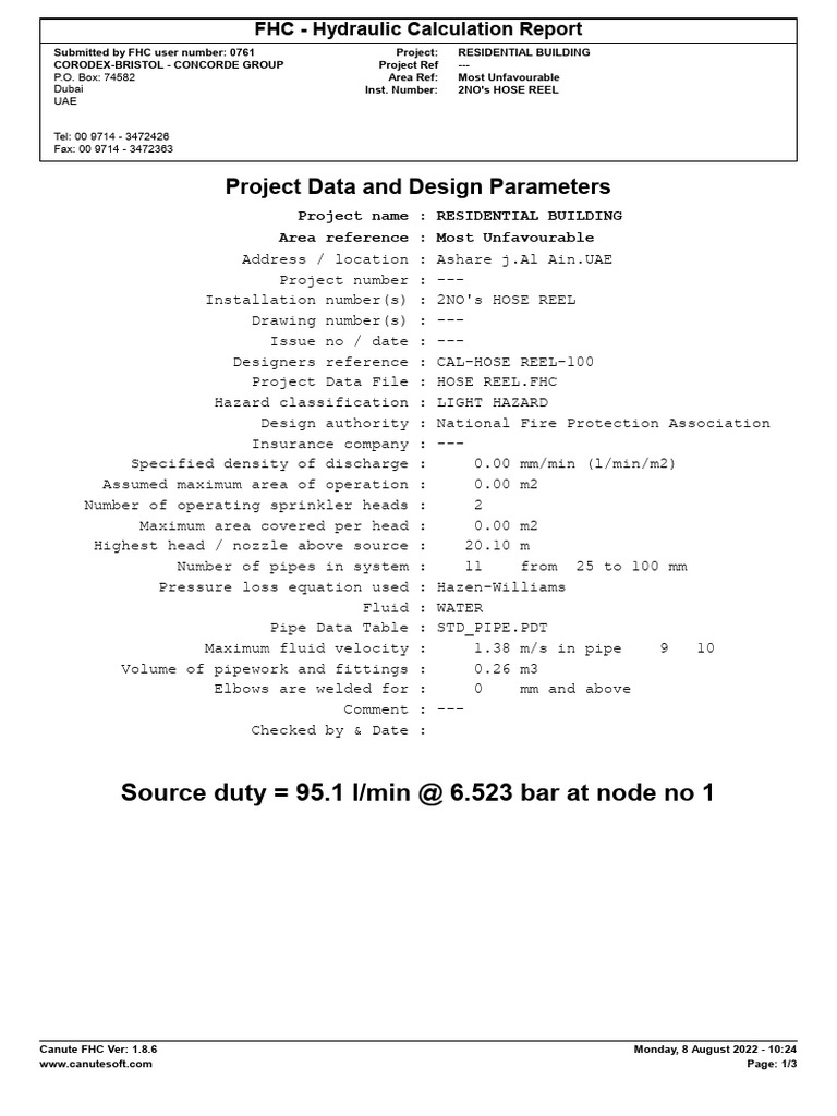 Hydraulic Calculation For Hose Reel by Software PDF Fire Sprinkler