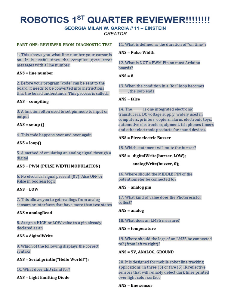 Robotics 1st Quarter Review Guide | PDF | Sensor | Computer Program
