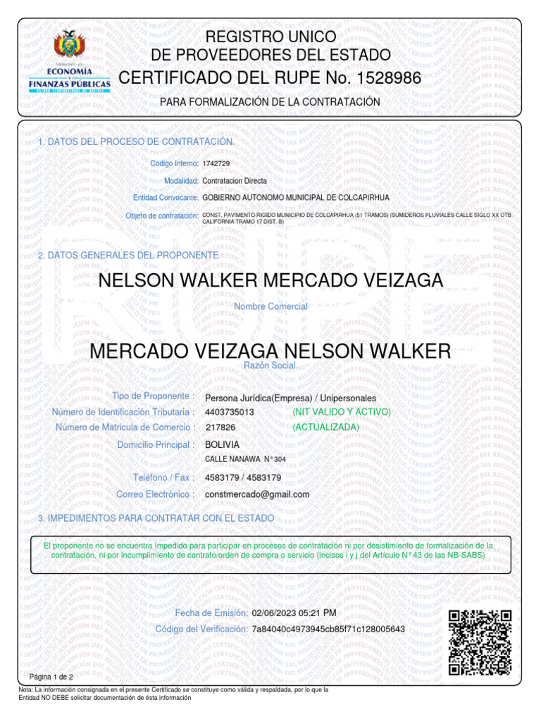 Certificado RUPE: Contratación Colcapirhua | PDF