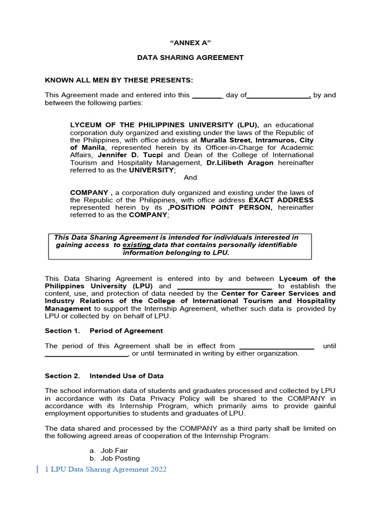 LPU Data Sharing Agreement Template | PDF | Computer Security | Security