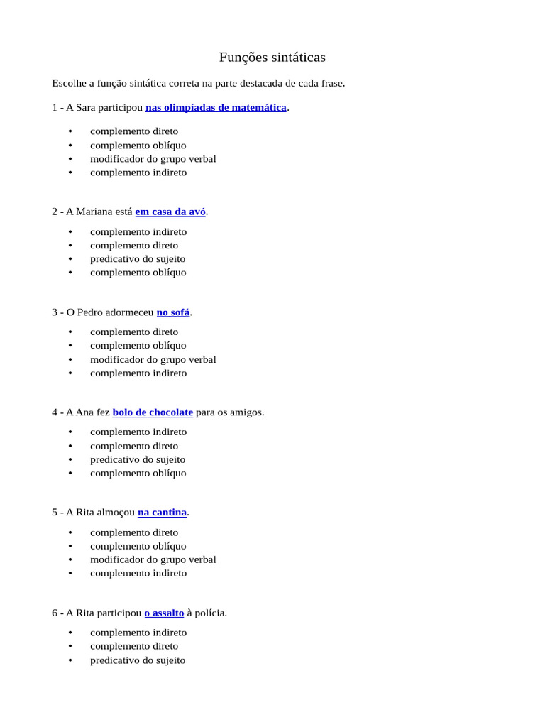 Ficha Portugues 9 Ano Funcoes Sintatica Escolha Multipla | PDF ...