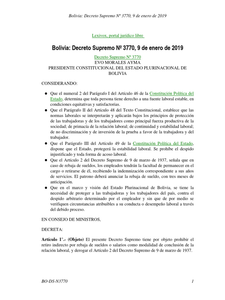 DS 3770 Prohibición de Despido Indirecto | PDF | Derecho laboral | Salario