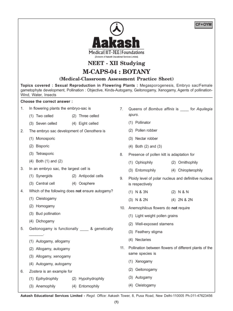 MCAPS 4 BOTANY 2021 PDF Flowers Pollination