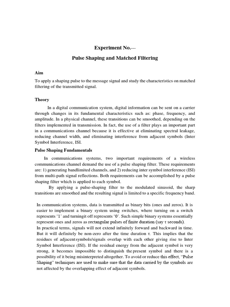 Expt. Pulse Shaping & Matched Filtering_Matlab PDF Filter (Signal Processing) Computer Science
