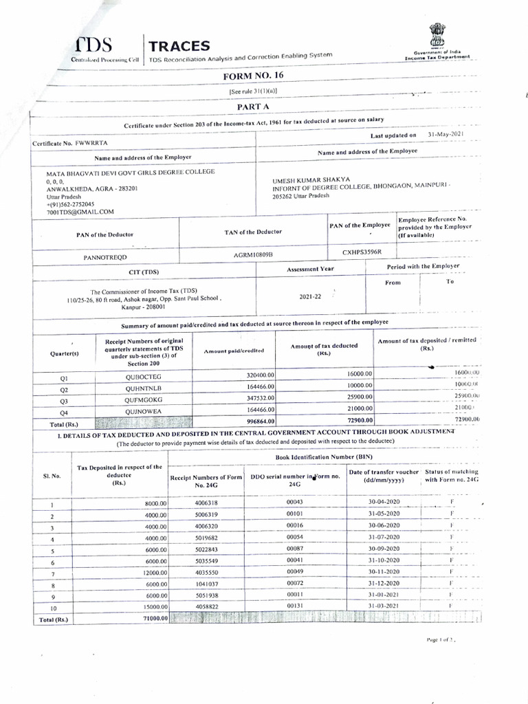 Form 16 (202021) Assessment Year 202122 PDF Tax Deduction Pension