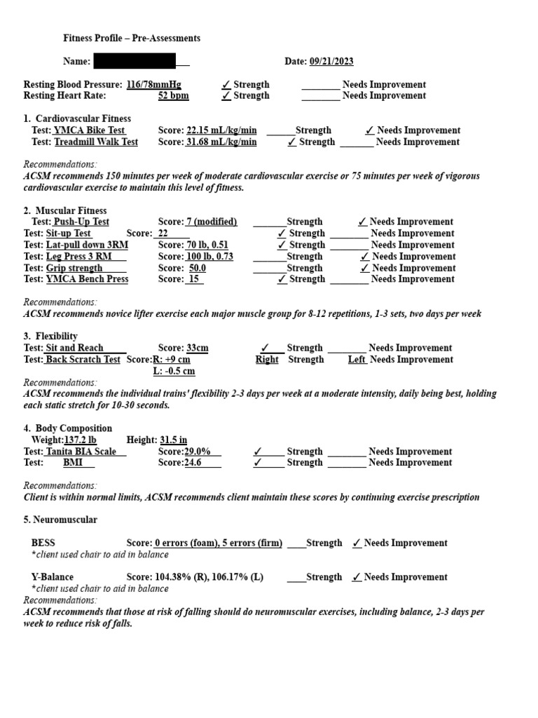 Fitness Profile PreAssesment PDF Physical Fitness Heart Rate