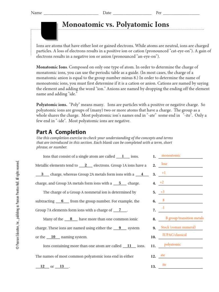 Monatomic Vs Polyatomic Ions KEY | PDF | Ion | Materials