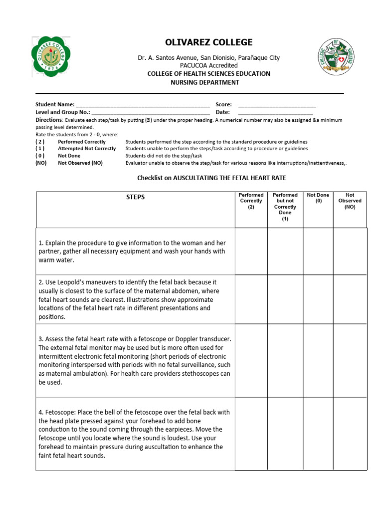 Checklist On AUSCULTATING THE FETAL HEART RATE 1 | PDF | Pulse ...