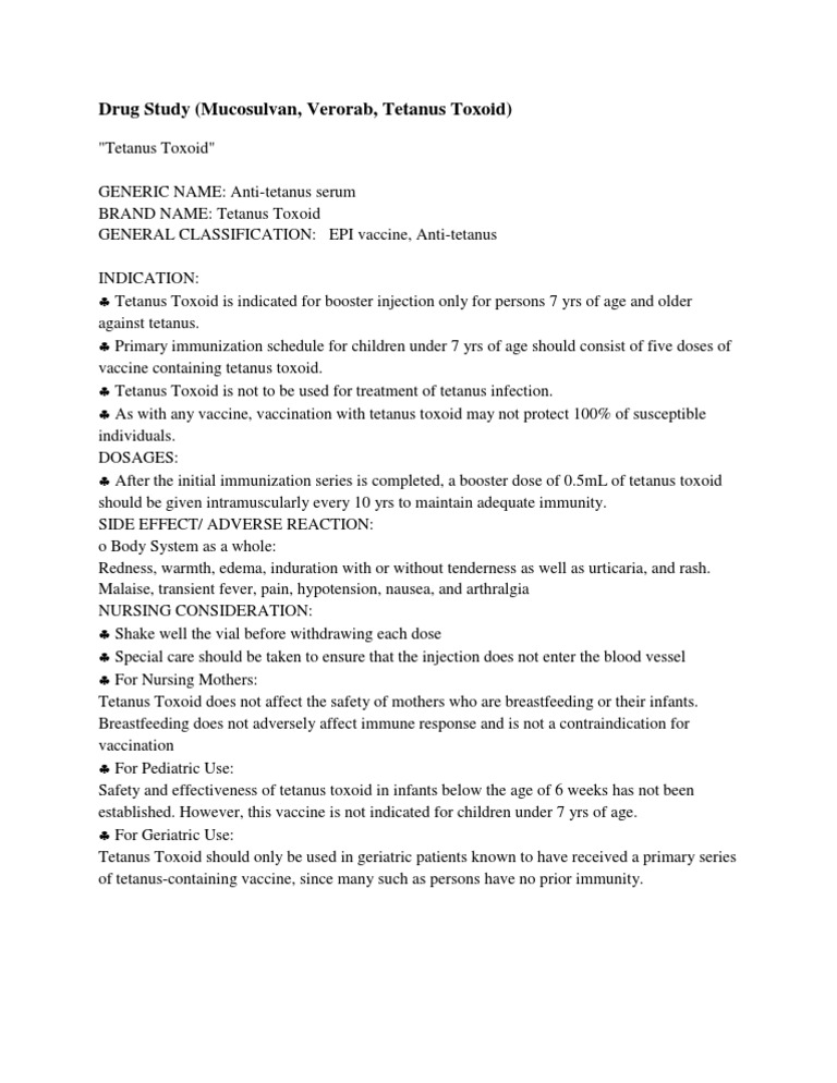 Drug Study - Tetanus Toxoid | PDF | Dose (Biochemistry) | Chemistry