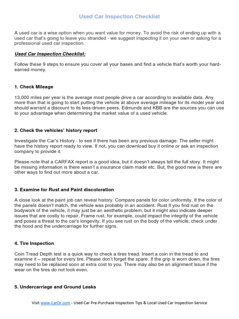 Essential Used Car Inspection Checklist | PDF | Leak | Used Car