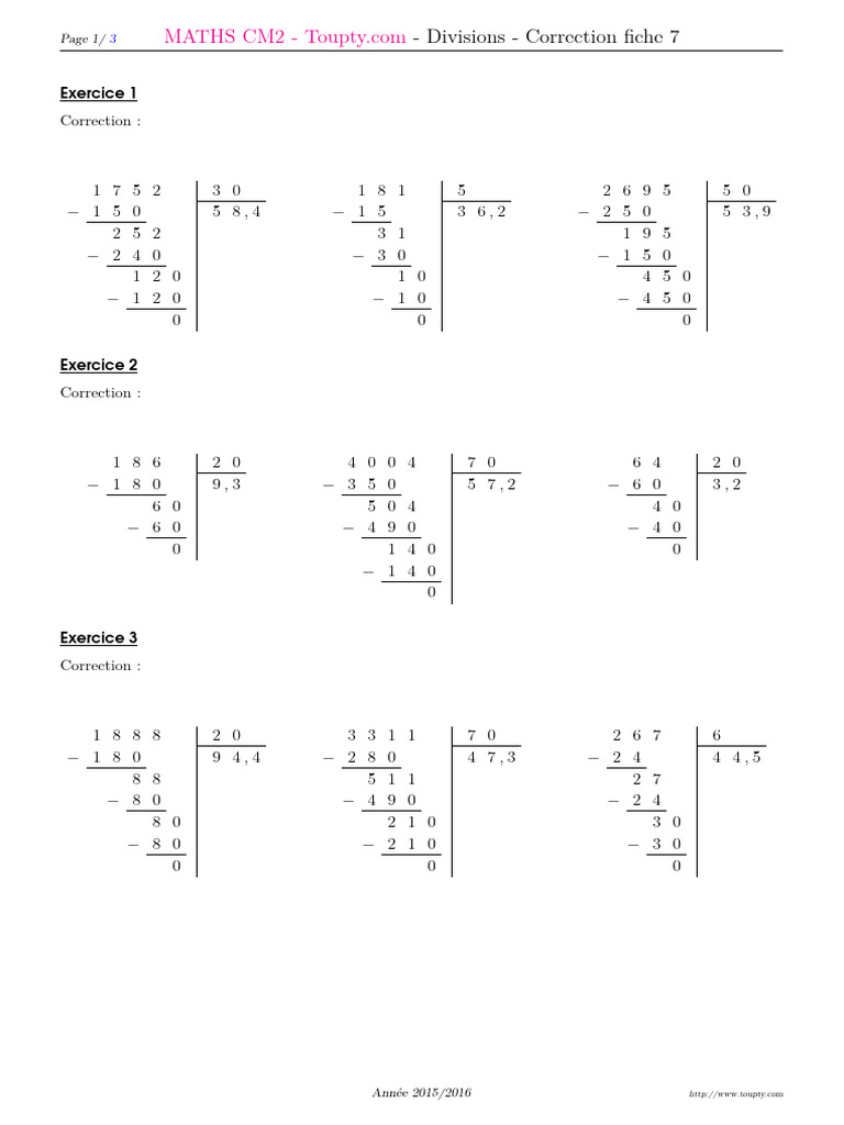 Exercices de Division CM2 avec Corrections | PDF | Technologie et ...