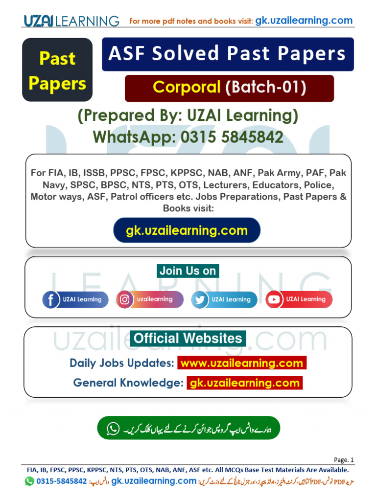 Asf corporal solved past papers batch 01 prepared by uzai learning pdf