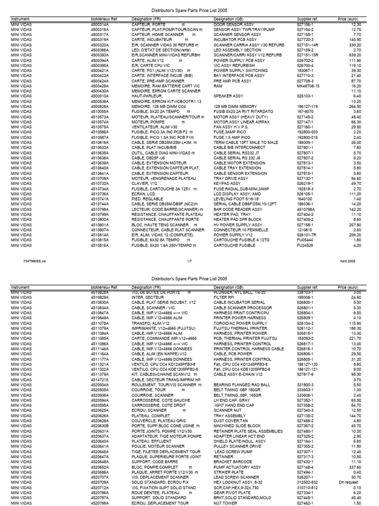 Tarifs pieces detachees biomerieux pdf